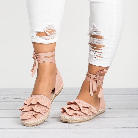 Ruffle Lace up Espadrilles - Pink - Picture 2 of 3